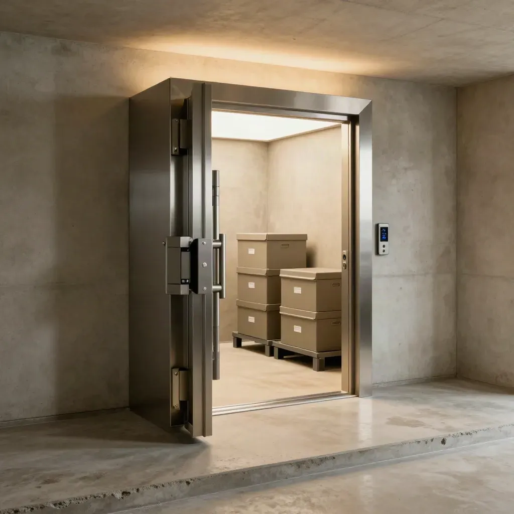 Reinforced office safe room with steel door and stacked storage boxes in a concrete interior.