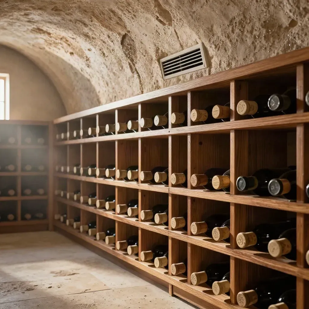 Arched wine cellar wall with oak bottle racks, glass bottles, and a hidden climate vent.