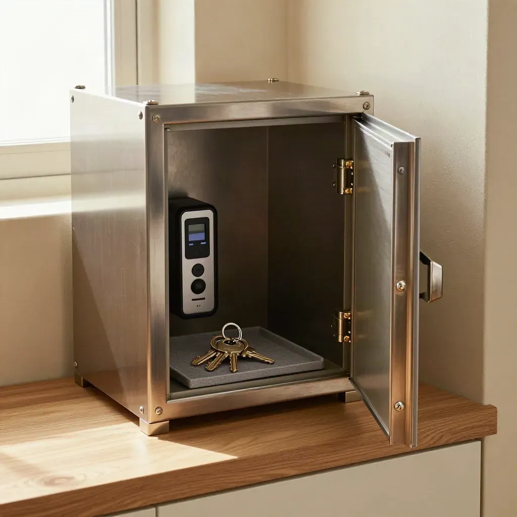 Open key cabinet with biometric reader, spare keys, and tamper-proof hardware in warm light