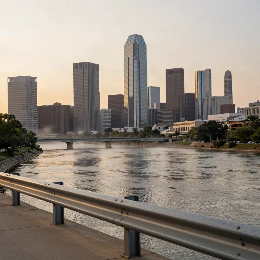 Dallas skyline above Trinity River with low bridges and warm hazy evening light