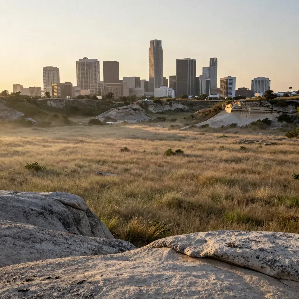 Austins skyline above limestone hills and native grasses in golden haze